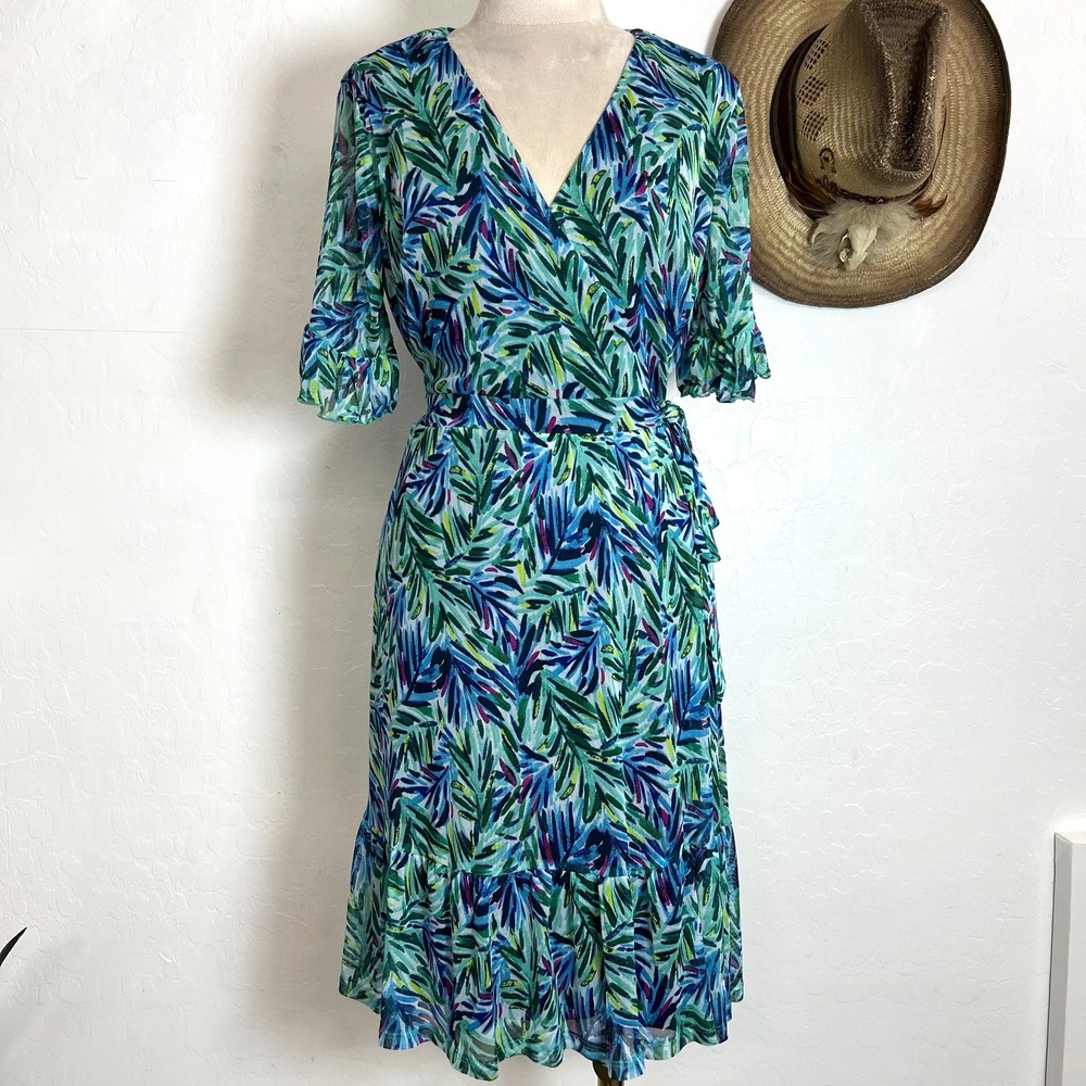 Kate and Lily Tropical Palm Wrap Dress Women's Size 8 Green Blue Ruffle Hem Midi